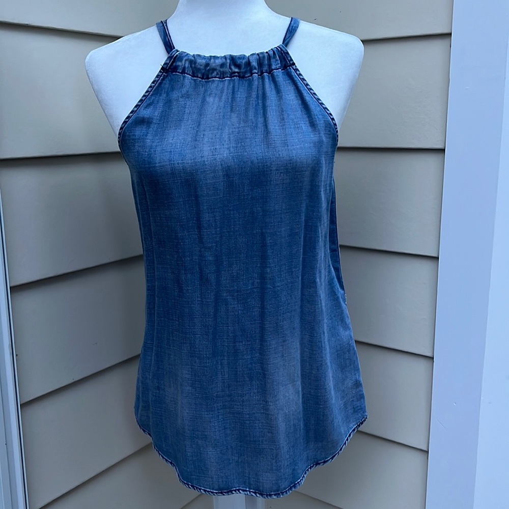 Chico’s Casual Denim Look Halter Tank with Flowy Fit and Tie Neck NWOT